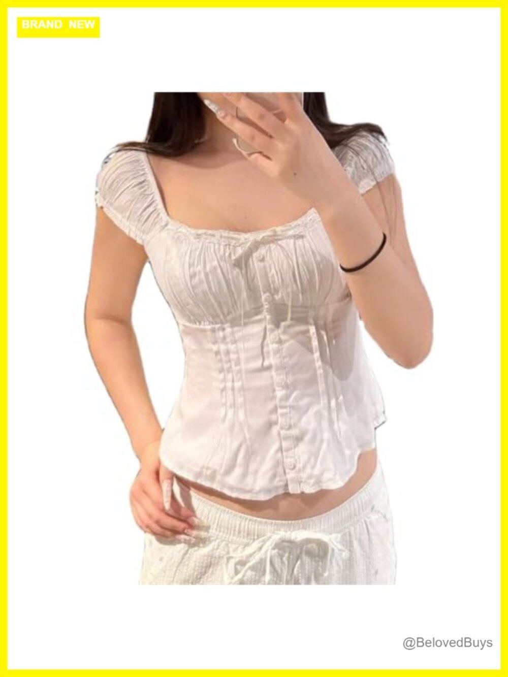 Womens Y2K Square Neck Ruffle Lace Patchwork Short Sleeve Top